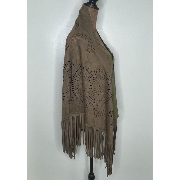 Hippy Faux Suede Brown Fringe Laser Cut Wrap Shawl Origami By Vivien Boho West - Picture 3 of 9